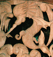 Carved sea creature, pipe shade carvings of Gottfried and Mary Fuchs Organ,Pacific Lutheran University, Tacoma WA